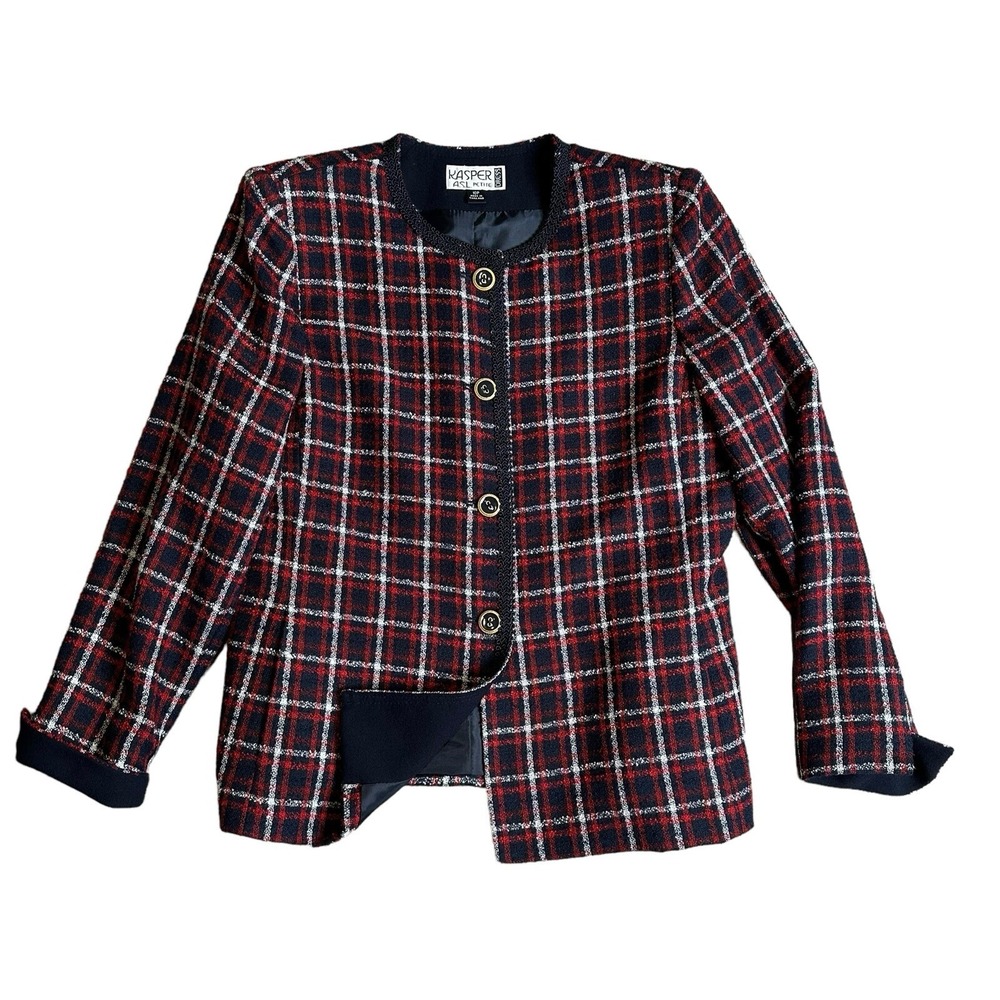 Kasper‎ Preppy Plaid Woven Blazer Size 10P Suit Jacket Old Money Academia